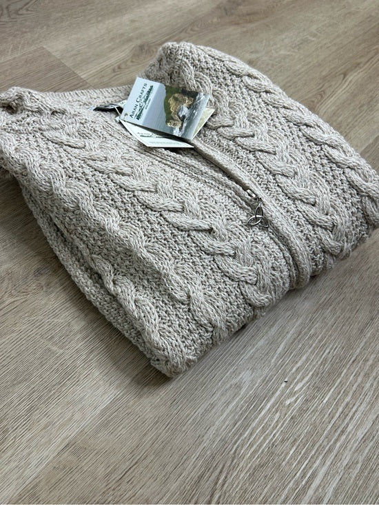 Aran Crafts 100% Merino Wool Tan Thick Cable Knit Hooded Zip Front Sweater