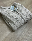 Aran Crafts 100% Merino Wool Tan Thick Cable Knit Hooded Zip Front Sweater