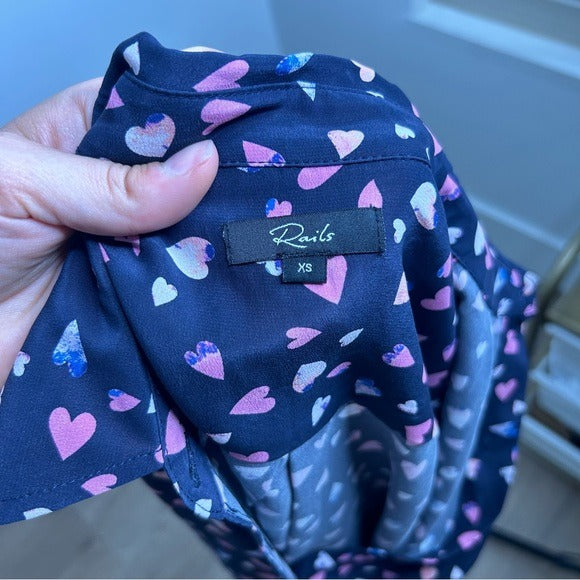 Rails 100% Silk Kate Heart Novelty Print Button Down Blouse
