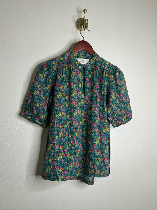 Trovata 100% Cotton Floral Teal Green Short Sleeve Keyhole Blouse Top