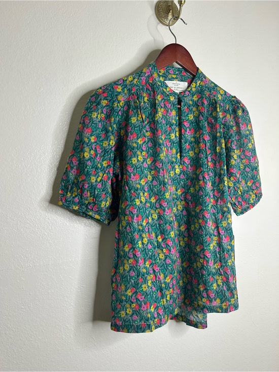 Trovata 100% Cotton Floral Teal Green Short Sleeve Keyhole Blouse Top