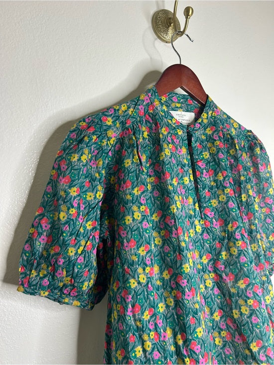 Trovata 100% Cotton Floral Teal Green Short Sleeve Keyhole Blouse Top