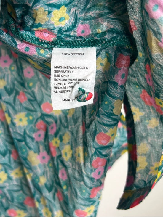 Trovata 100% Cotton Floral Teal Green Short Sleeve Keyhole Blouse Top