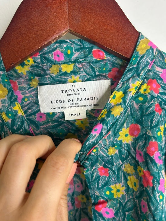 Trovata 100% Cotton Floral Teal Green Short Sleeve Keyhole Blouse Top