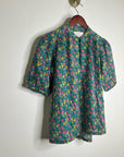 Trovata 100% Cotton Floral Teal Green Short Sleeve Keyhole Blouse Top