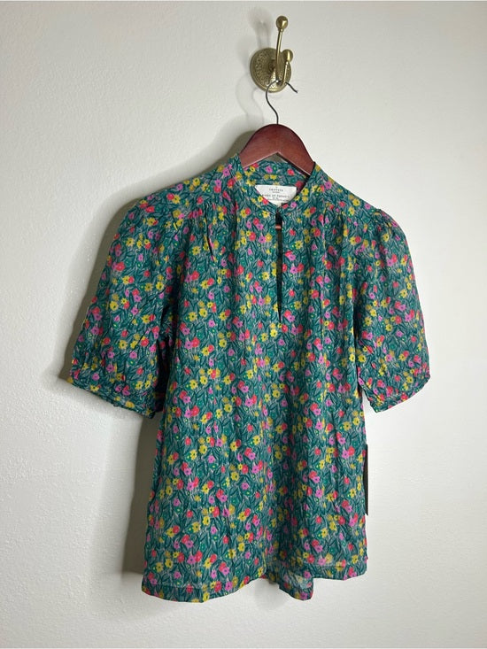 Trovata 100% Cotton Floral Teal Green Short Sleeve Keyhole Blouse Top