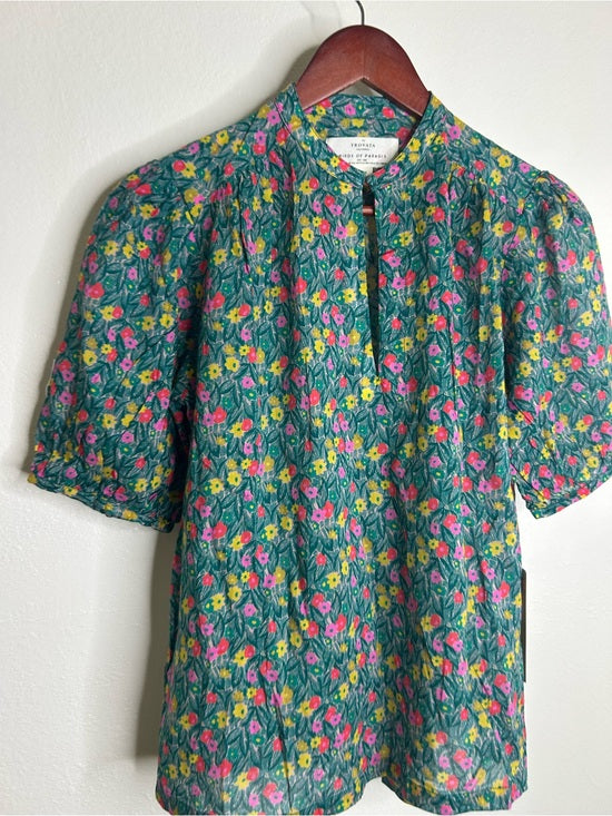 Trovata 100% Cotton Floral Teal Green Short Sleeve Keyhole Blouse Top