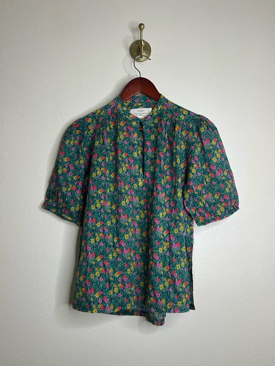 Trovata 100% Cotton Floral Teal Green Short Sleeve Keyhole Blouse Top