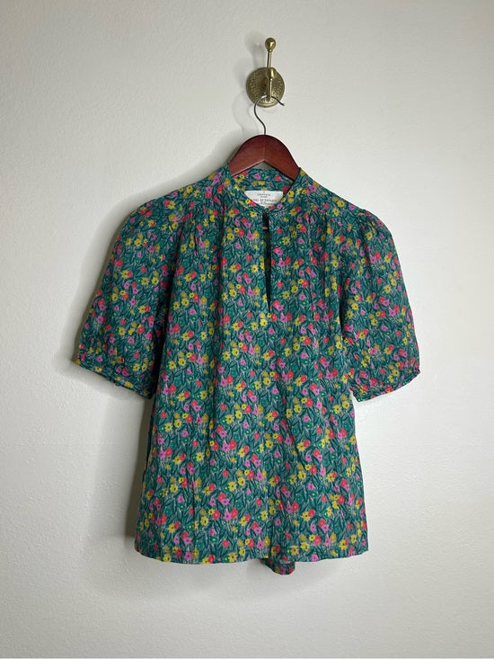 Trovata 100% Cotton Floral Teal Green Short Sleeve Keyhole Blouse Top
