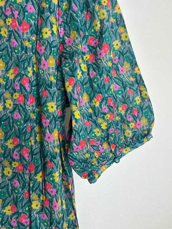 Trovata 100% Cotton Floral Teal Green Short Sleeve Keyhole Blouse Top