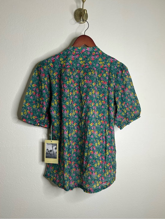 Trovata 100% Cotton Floral Teal Green Short Sleeve Keyhole Blouse Top