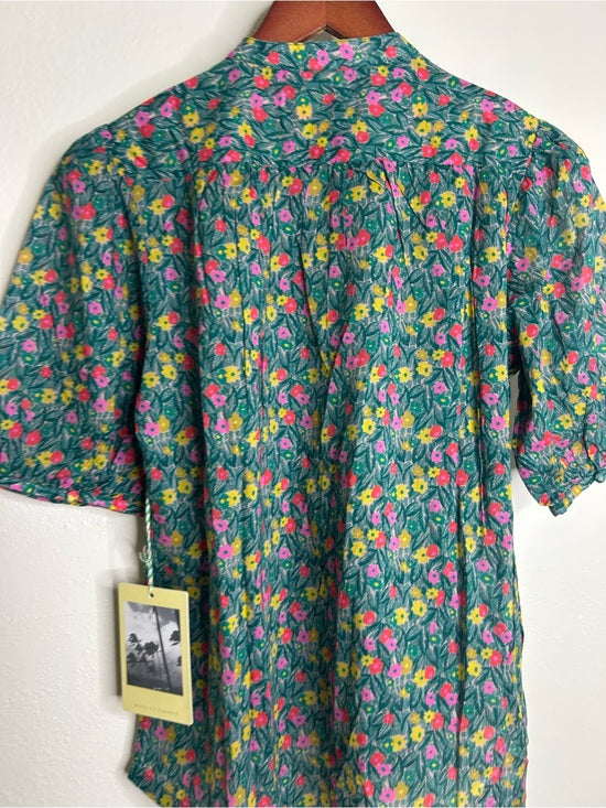Trovata 100% Cotton Floral Teal Green Short Sleeve Keyhole Blouse Top