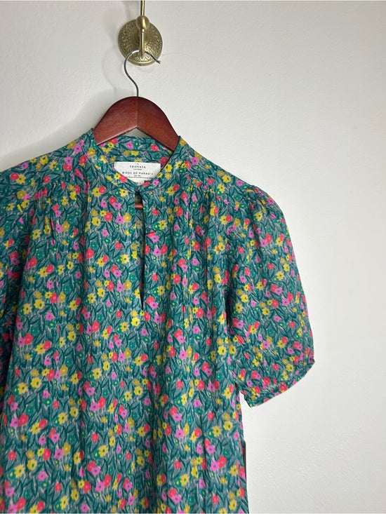 Trovata 100% Cotton Floral Teal Green Short Sleeve Keyhole Blouse Top
