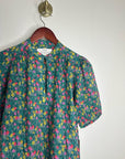 Trovata 100% Cotton Floral Teal Green Short Sleeve Keyhole Blouse Top