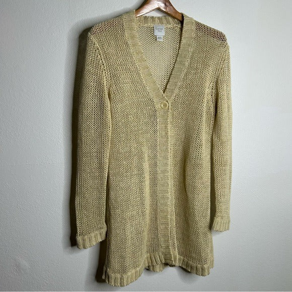Garnet Hill Garnet Hill 100% Linen Open Knit Long Cardigan One Button Sweater - Linen