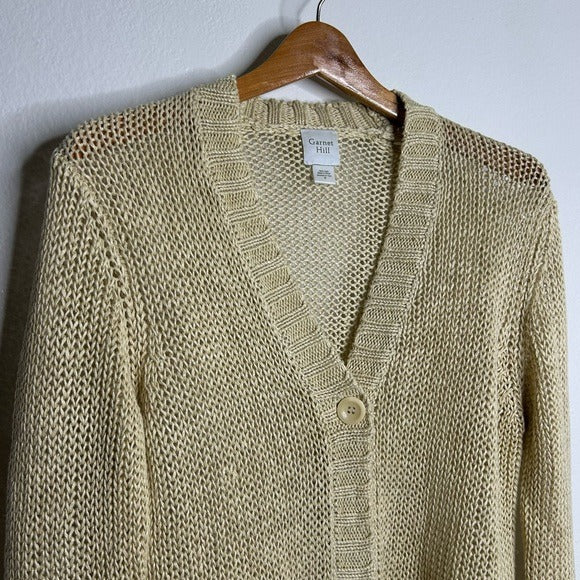 Garnet Hill Garnet Hill 100% Linen Open Knit Long Cardigan One Button Sweater - Linen