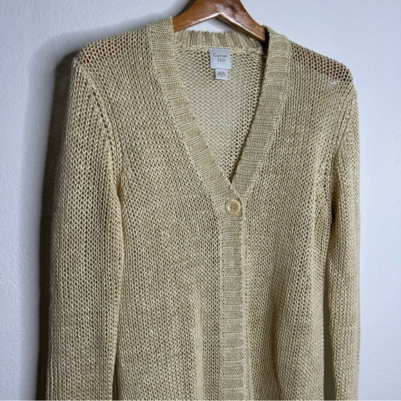 Garnet Hill Garnet Hill 100% Linen Open Knit Long Cardigan One Button Sweater - Linen
