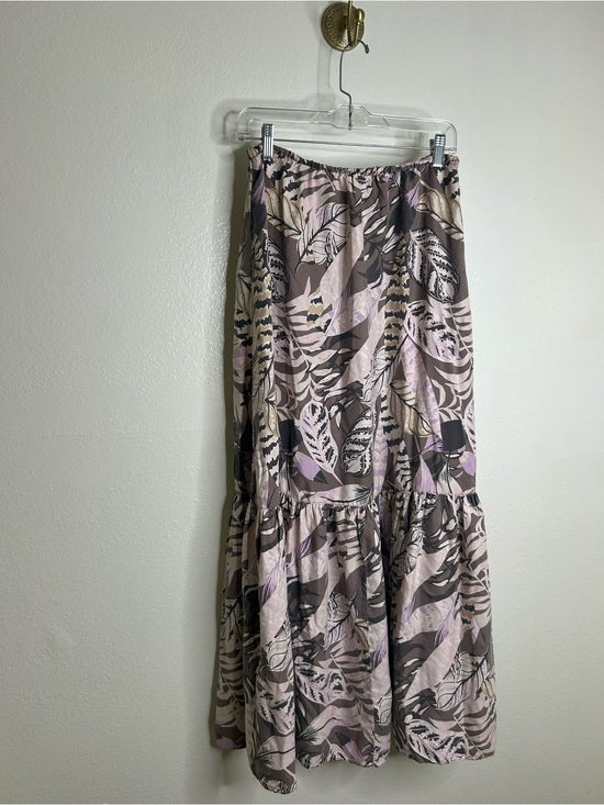 Unsubscribed 100% Silk Neutral Palm Printed Tie Waist Tiered Maxi Skirt