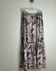 Unsubscribed 100% Silk Neutral Palm Printed Tie Waist Tiered Maxi Skirt