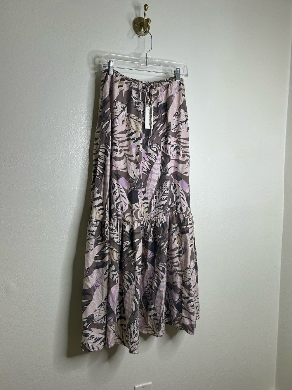 Unsubscribed 100% Silk Neutral Palm Printed Tie Waist Tiered Maxi Skirt