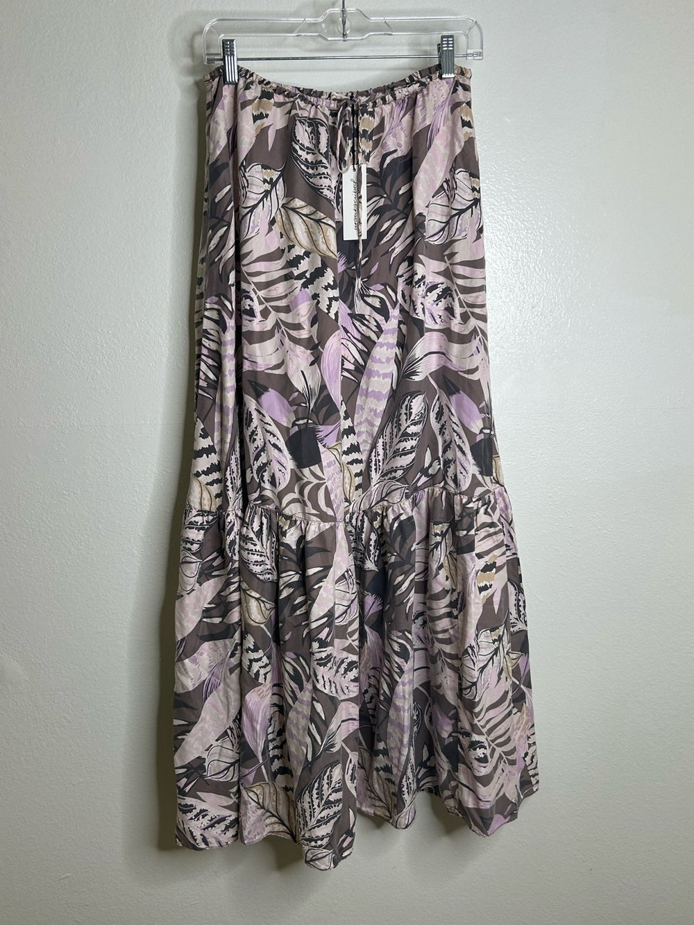 Unsubscribed 100% Silk Neutral Palm Printed Tie Waist Tiered Maxi Skirt