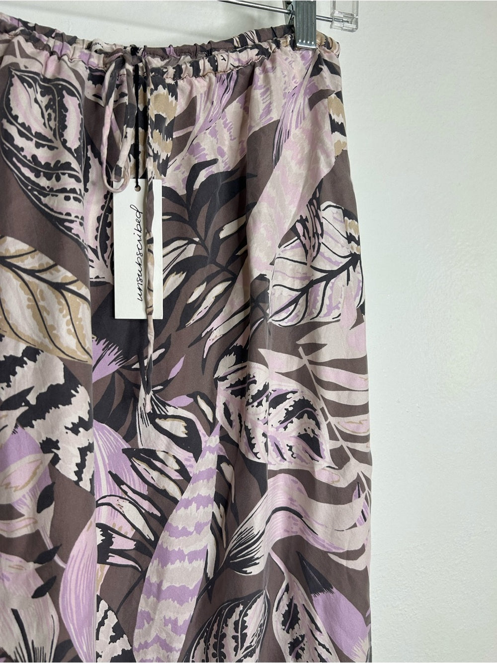 Unsubscribed 100% Silk Neutral Palm Printed Tie Waist Tiered Maxi Skirt