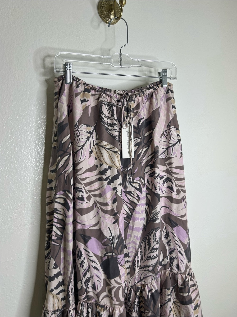 Unsubscribed 100% Silk Neutral Palm Printed Tie Waist Tiered Maxi Skirt