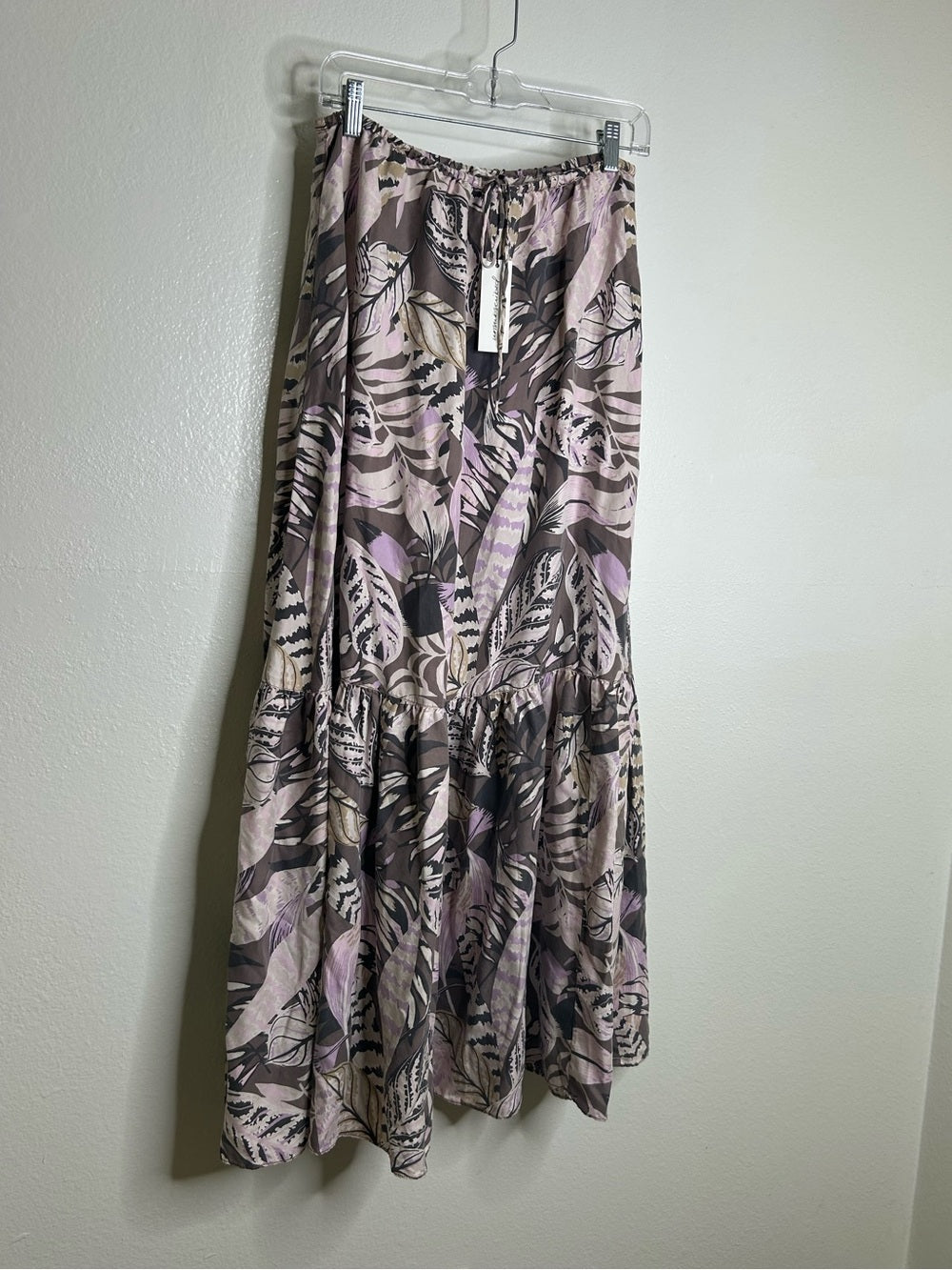 Unsubscribed 100% Silk Neutral Palm Printed Tie Waist Tiered Maxi Skirt