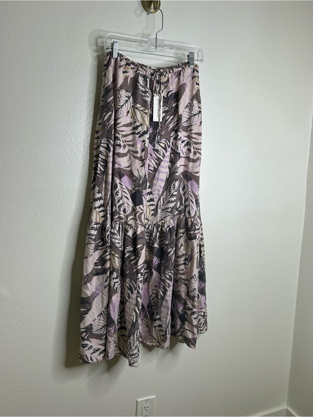 Unsubscribed 100% Silk Neutral Palm Printed Tie Waist Tiered Maxi Skirt