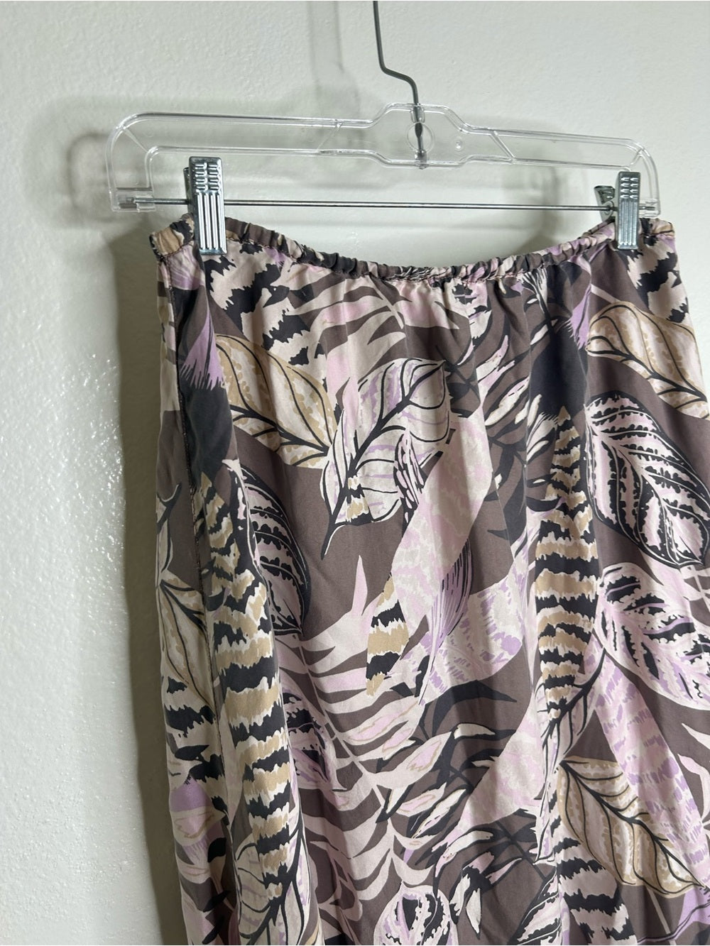 Unsubscribed 100% Silk Neutral Palm Printed Tie Waist Tiered Maxi Skirt