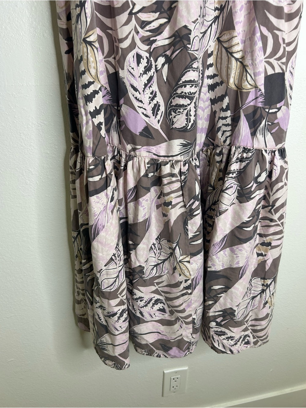 Unsubscribed 100% Silk Neutral Palm Printed Tie Waist Tiered Maxi Skirt