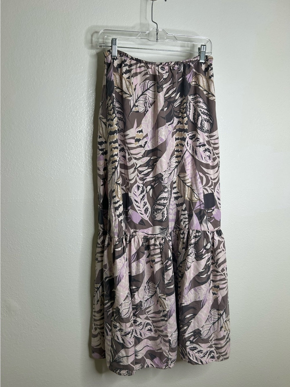 Unsubscribed 100% Silk Neutral Palm Printed Tie Waist Tiered Maxi Skirt