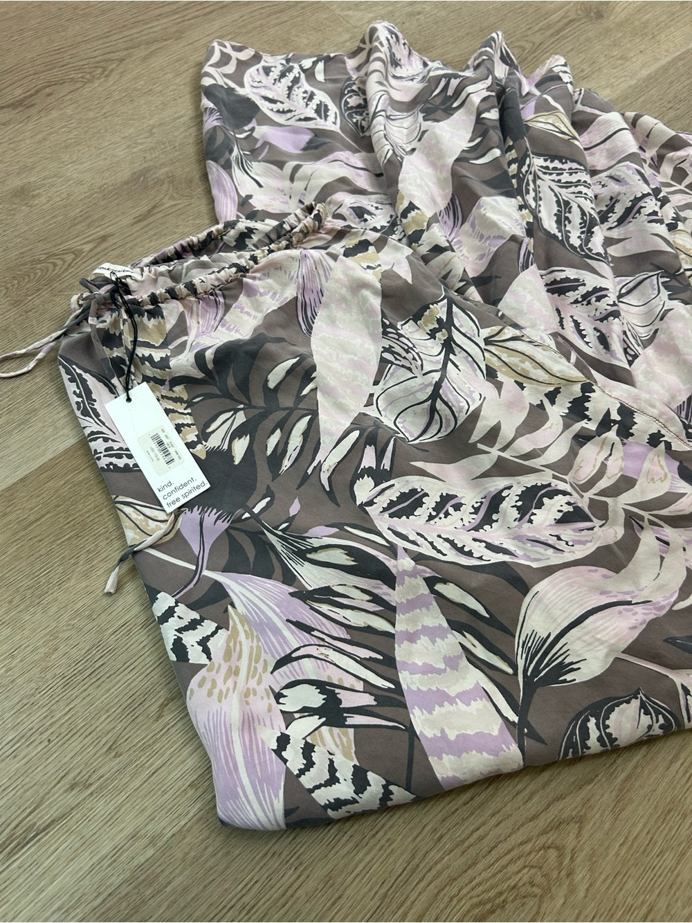Unsubscribed 100% Silk Neutral Palm Printed Tie Waist Tiered Maxi Skirt