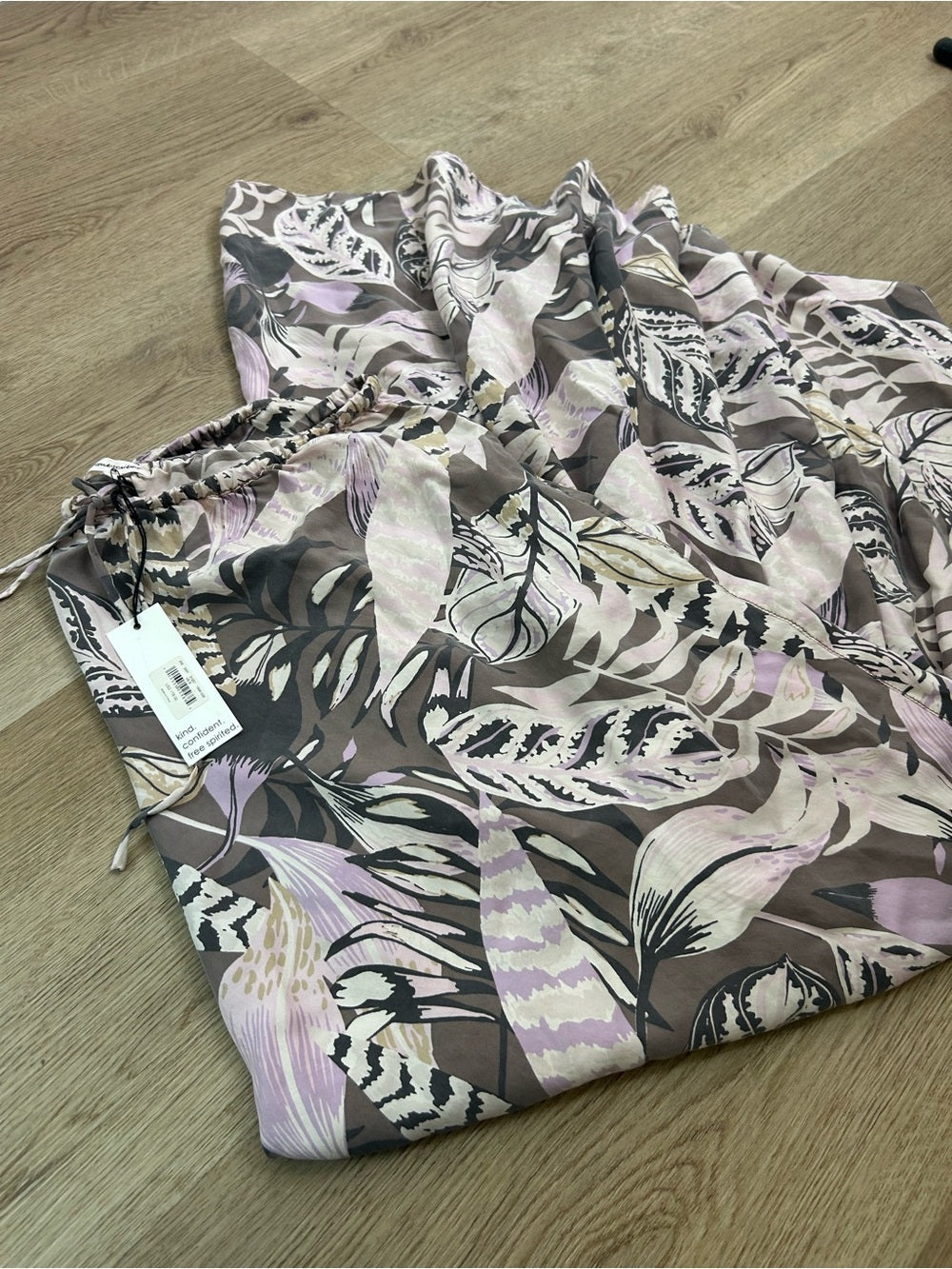 Unsubscribed 100% Silk Neutral Palm Printed Tie Waist Tiered Maxi Skirt