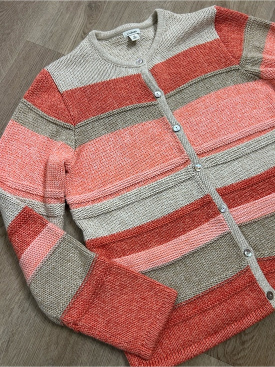 L.L. Bean L.L. Bean 100% Cotton Thick Knit Textured Stripe Button Down Cardigan Sweater - Cotton
