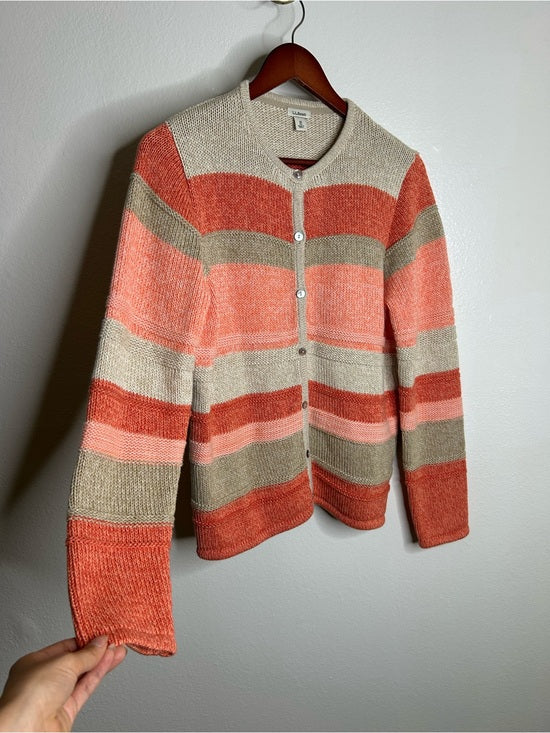 L.L. Bean L.L. Bean 100% Cotton Thick Knit Textured Stripe Button Down Cardigan Sweater - Cotton
