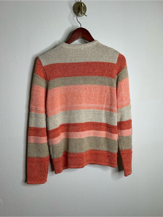 L.L. Bean 100% Cotton Thick Knit Textured Stripe Button Down Cardigan Sweater