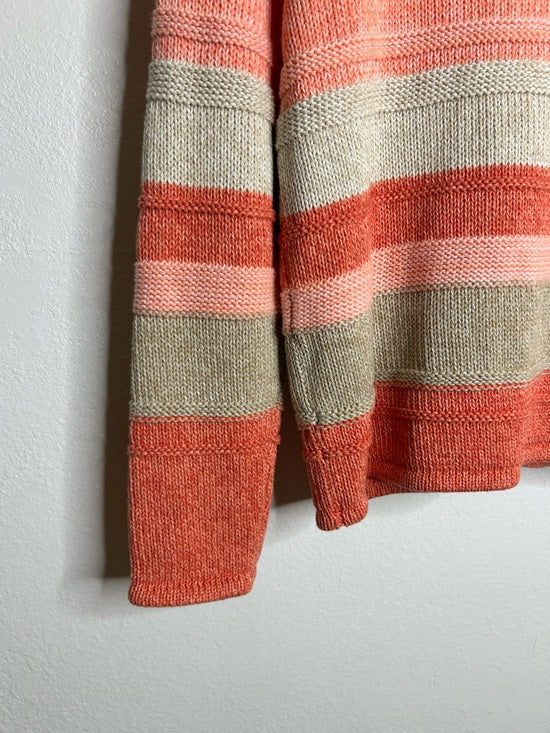 L.L. Bean 100% Cotton Thick Knit Textured Stripe Button Down Cardigan Sweater