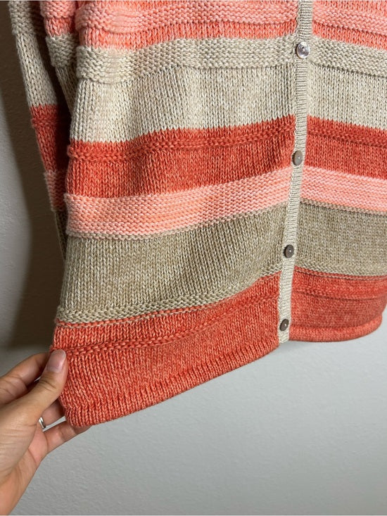 L.L. Bean 100% Cotton Thick Knit Textured Stripe Button Down Cardigan Sweater