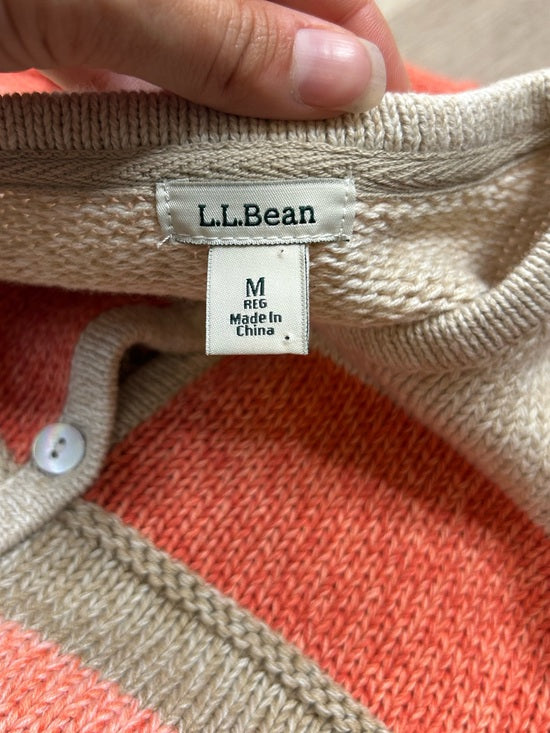 L.L. Bean 100% Cotton Thick Knit Textured Stripe Button Down Cardigan Sweater