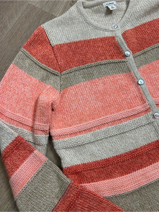 L.L. Bean L.L. Bean 100% Cotton Thick Knit Textured Stripe Button Down Cardigan Sweater - Cotton