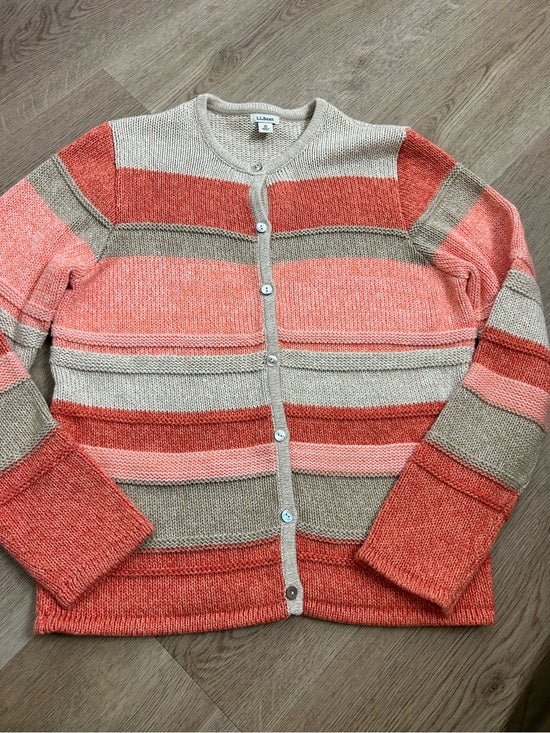 L.L. Bean L.L. Bean 100% Cotton Thick Knit Textured Stripe Button Down Cardigan Sweater - Cotton