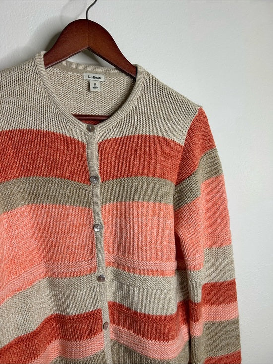 L.L. Bean 100% Cotton Thick Knit Textured Stripe Button Down Cardigan Sweater