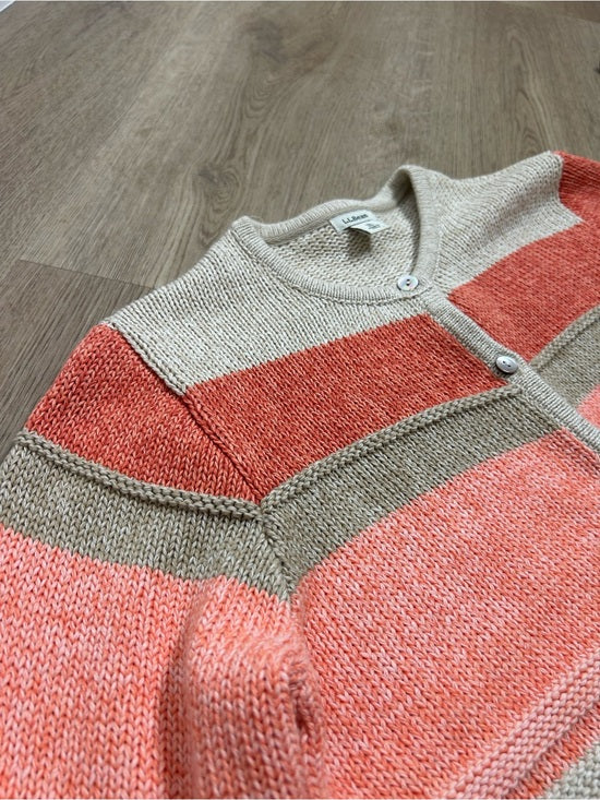 L.L. Bean 100% Cotton Thick Knit Textured Stripe Button Down Cardigan Sweater
