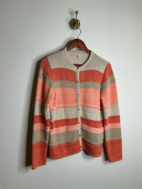 L.L. Bean 100% Cotton Thick Knit Textured Stripe Button Down Cardigan Sweater