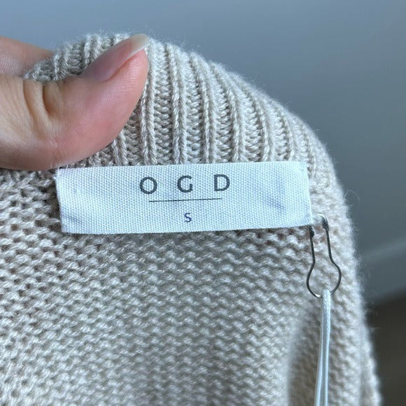 Oney Grey Day 100% Cashmere Tan Pink Crochet V - Neck Tunic Oversized Sweater