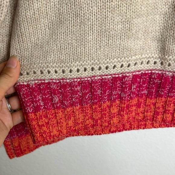 Oney Grey Day 100% Cashmere Tan Pink Crochet V - Neck Tunic Oversized Sweater