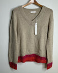 Oney Grey Day 100% Cashmere Tan Pink Crochet V - Neck Tunic Oversized Sweater