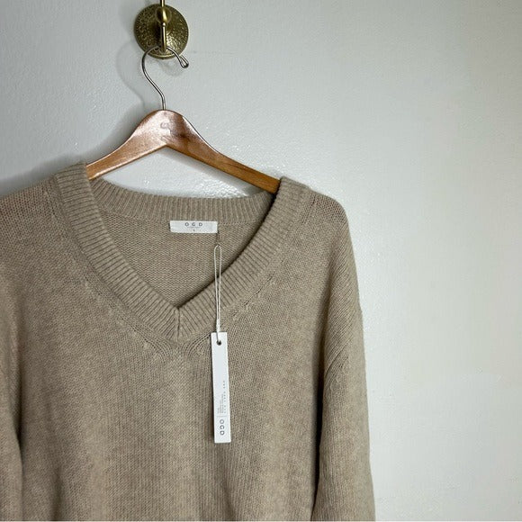 Oney Grey Day 100% Cashmere Tan Pink Crochet V - Neck Tunic Oversized Sweater