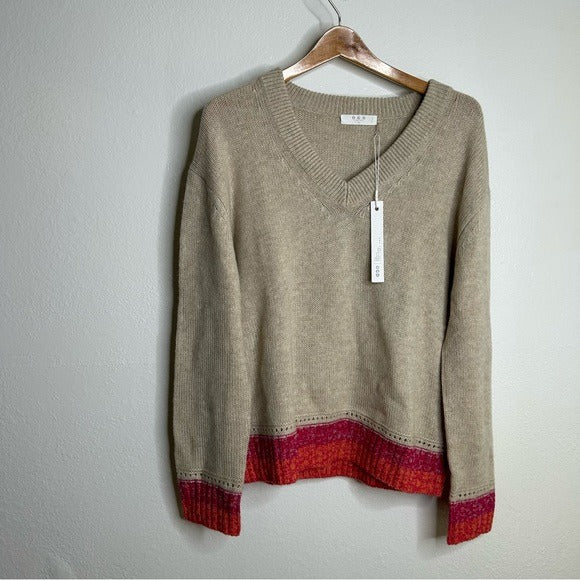 Oney Grey Day 100% Cashmere Tan Pink Crochet V - Neck Tunic Oversized Sweater